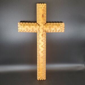 Hand Carved Tramp Art Style Wooden Cross Folk Art Religious Wall Decor